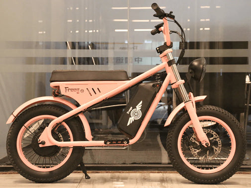 Pink electric bike with a logo on a reflective surface. Freego Mini Electric Motorcycle for Child M1