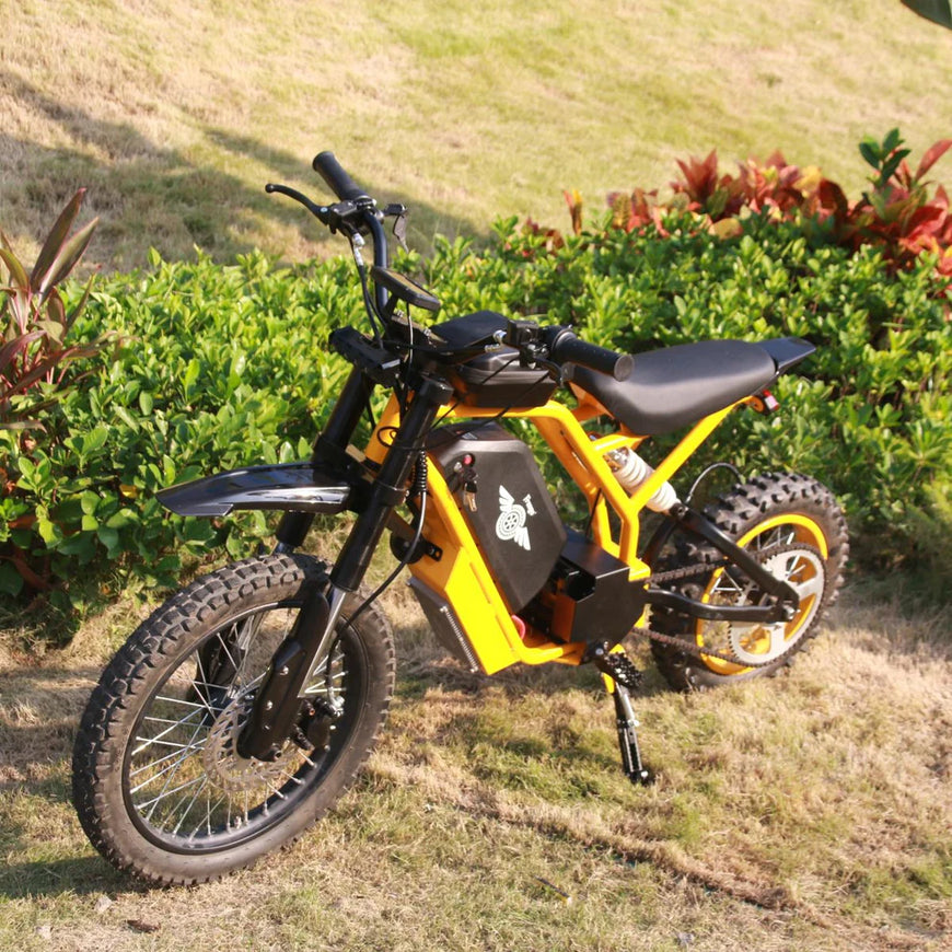 Yellow and black electric bike on a grassy area with plants in the background. Freego Nova 2 Mid-Drive Youth Electric Dirt Bike