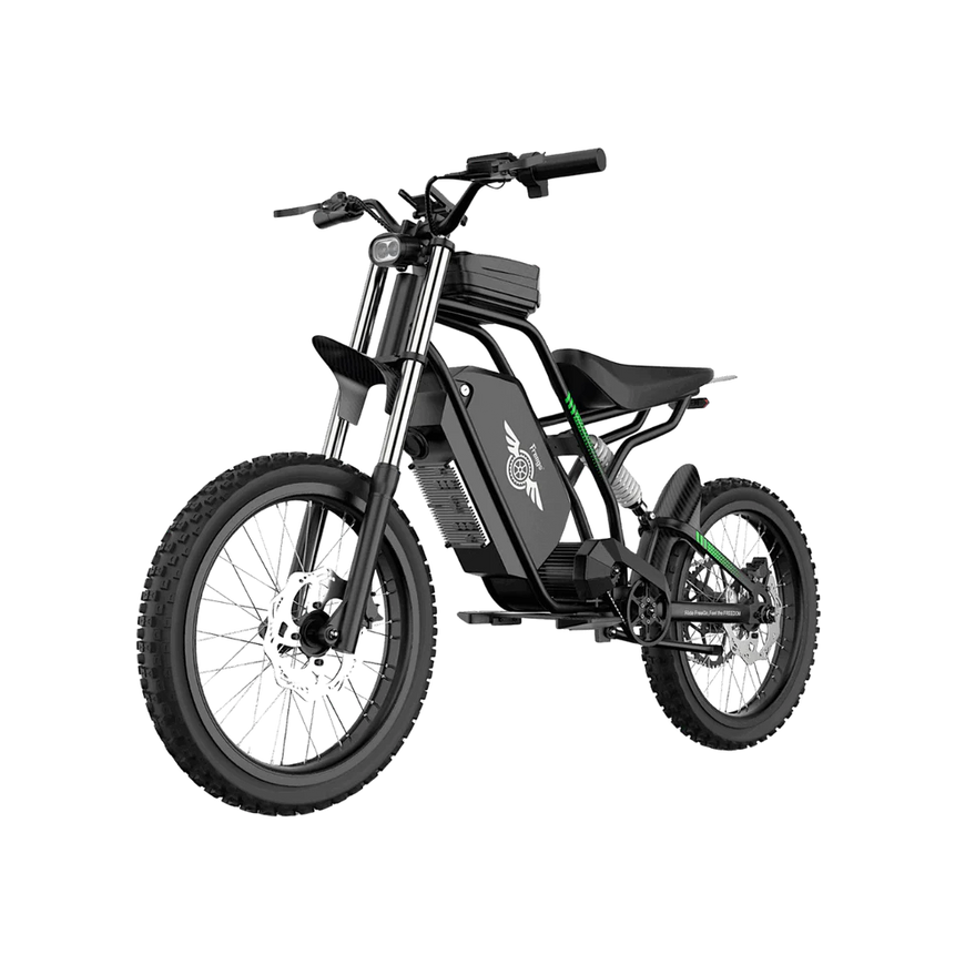 Black electric bike on a white background. Freego Nova 3 Mid-Drive All-Terrain Dirt eBike