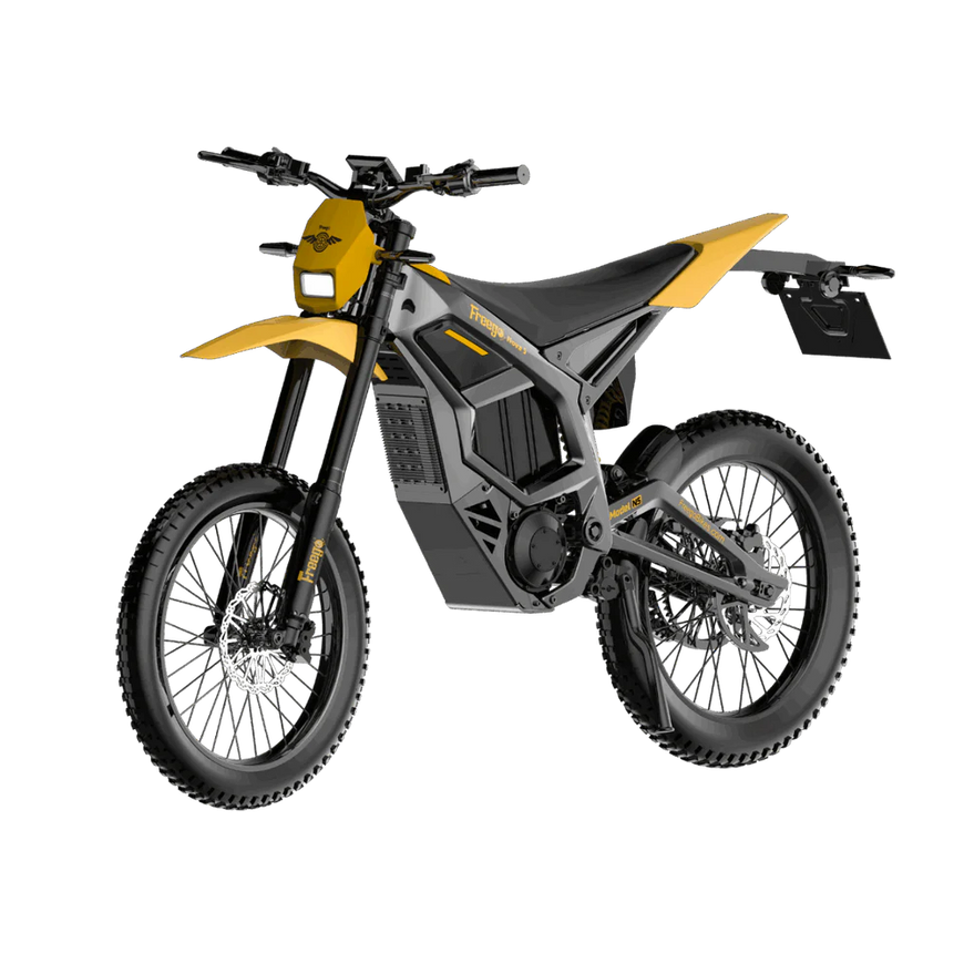 Yellow and black electric bike on a white background. Freego Nova 5 Mid-Drive Off-Road Electric Dirt Bike