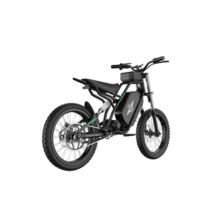 Black electric bike on a white background. Freego Nova 3 Mid-Drive All-Terrain Dirt eBike