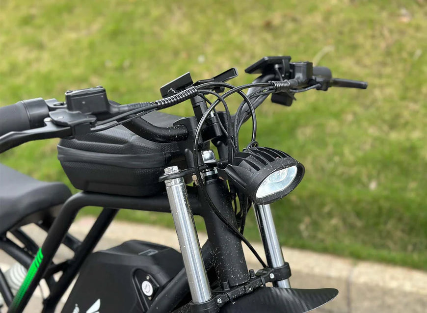 Close-up of a motorcycle handlebar with a blurred grassy background. Freego Nova 3 Mid-Drive All-Terrain Dirt eBike