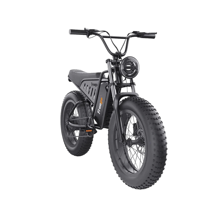 Black electric bike on a white background. Freego S1 Cafe Racer eBike