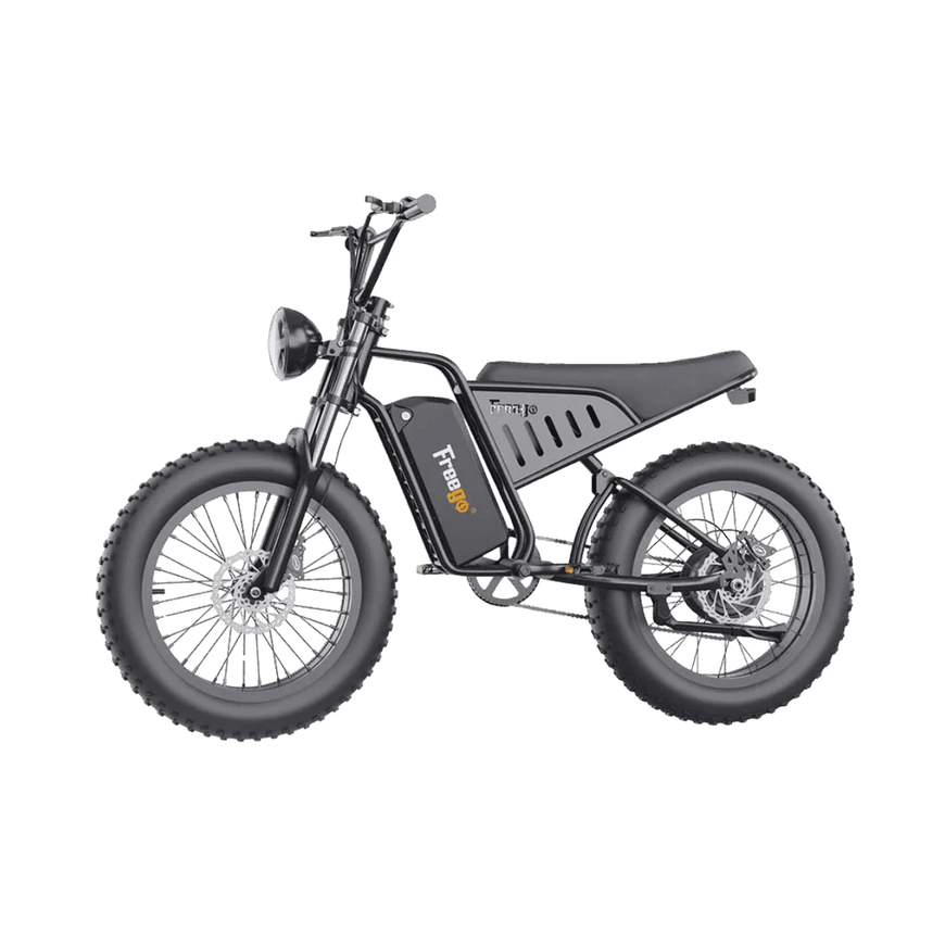 Black electric bike on a white background. Freego S1 Cafe Racer eBike