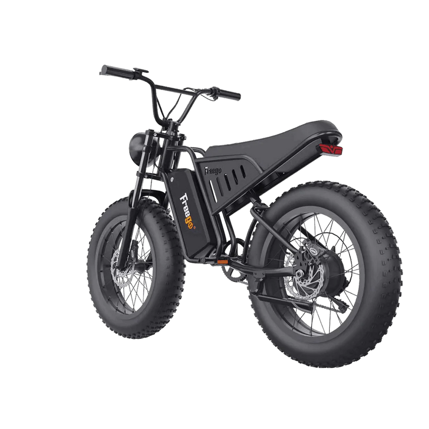 Black electric bike on a white background. Freego S1 Cafe Racer eBike